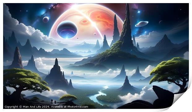 Surreal fantasy landscape with majestic mountains, ethereal trees, and a sky graced by giant planets, moons, and a distant galaxy, evoking a sense of otherworldly adventure. Print by Man And Life