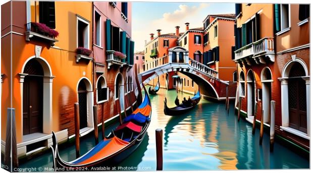 Scenic view of a Venetian canal with gondolas and colorful buildings under a clear blue sky, reflecting the vibrant architecture and romantic charm of Venice, Italy. Canvas Print by Man And Life