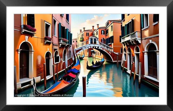 Scenic view of a Venetian canal with gondolas and colorful buildings under a clear blue sky, reflecting the vibrant architecture and romantic charm of Venice, Italy. Framed Mounted Print by Man And Life