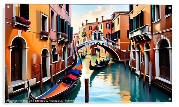 Scenic view of a Venetian canal with gondolas and colorful buildings under a clear blue sky, reflecting the vibrant architecture and romantic charm of Venice, Italy. Acrylic by Man And Life
