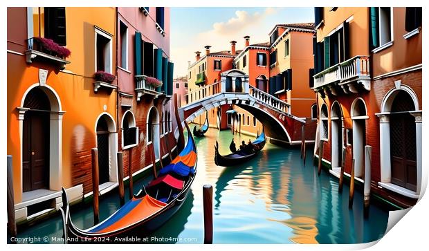 Scenic view of a Venetian canal with gondolas and colorful buildings under a clear blue sky, reflecting the vibrant architecture and romantic charm of Venice, Italy. Print by Man And Life