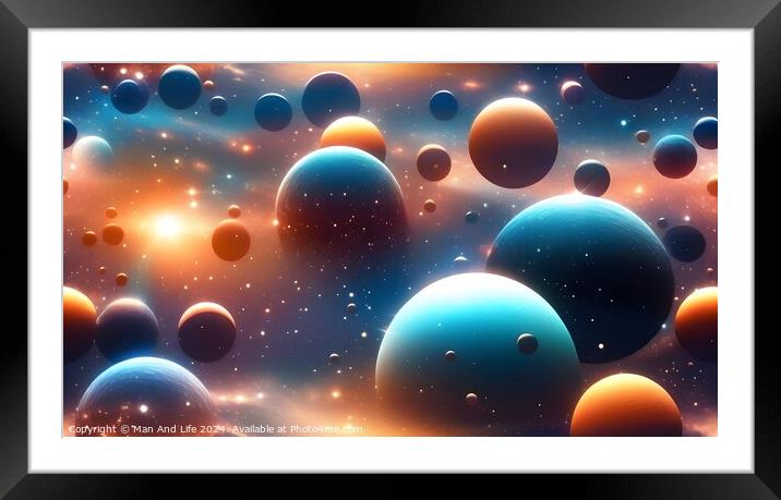 Abstract cosmic background with colorful 3D spheres and stars, depicting a surreal space scene. Framed Mounted Print by Man And Life