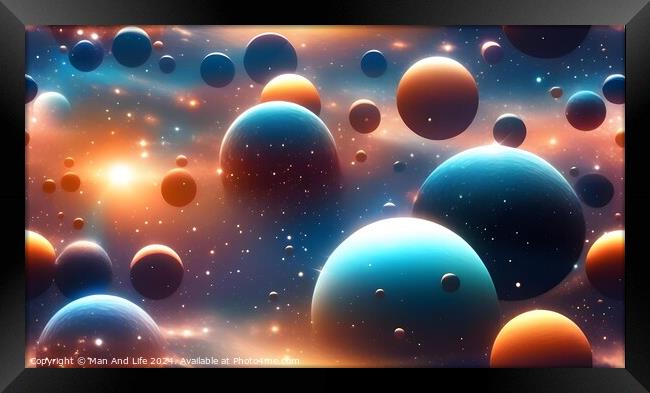 Abstract cosmic background with colorful 3D spheres and stars, depicting a surreal space scene. Framed Print by Man And Life
