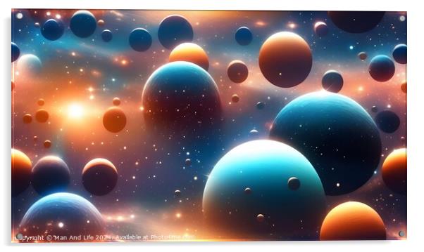 Abstract cosmic background with colorful 3D spheres and stars, depicting a surreal space scene. Acrylic by Man And Life
