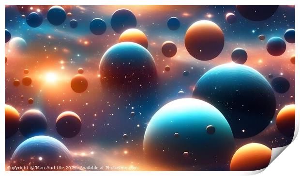 Abstract cosmic background with colorful 3D spheres and stars, depicting a surreal space scene. Print by Man And Life