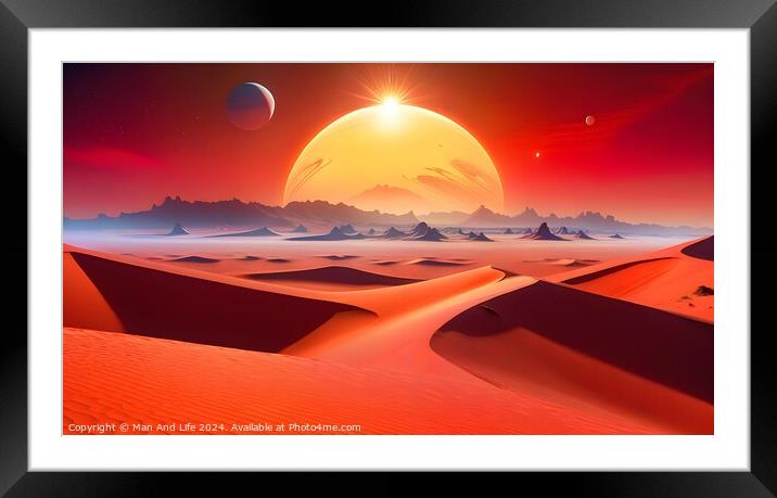 Surreal alien landscape with red sand dunes under a large sun with two moons in the sky, depicting a science fiction or fantasy scene on an extraterrestrial planet. Framed Mounted Print by Man And Life