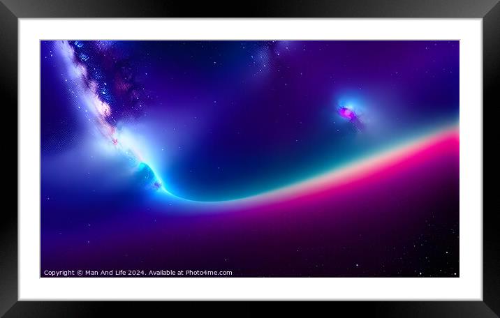 Vibrant cosmic background with nebulae, stars, and colorful light spectrum, suitable for space-themed designs and wallpapers. Framed Mounted Print by Man And Life