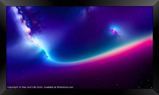 Vibrant cosmic background with nebulae, stars, and colorful light spectrum, suitable for space-themed designs and wallpapers. Framed Print by Man And Life