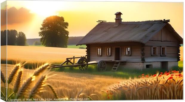 Idyllic rural scene with a wooden cottage, wheat field, and sunset. Canvas Print by Man And Life