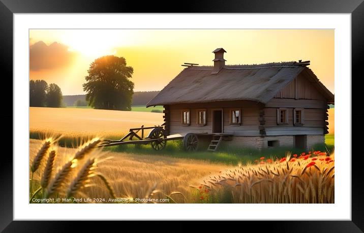 Idyllic rural scene with a wooden cottage, wheat field, and sunset. Framed Mounted Print by Man And Life
