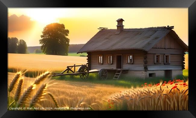 Idyllic rural scene with a wooden cottage, wheat field, and sunset. Framed Print by Man And Life