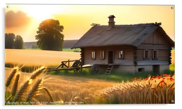 Idyllic rural scene with a wooden cottage, wheat field, and sunset. Acrylic by Man And Life