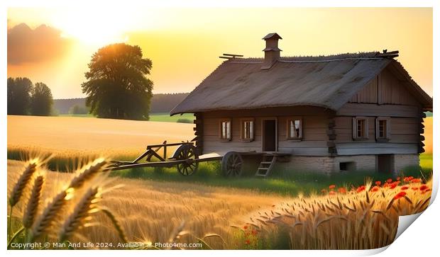 Idyllic rural scene with a wooden cottage, wheat field, and sunset. Print by Man And Life