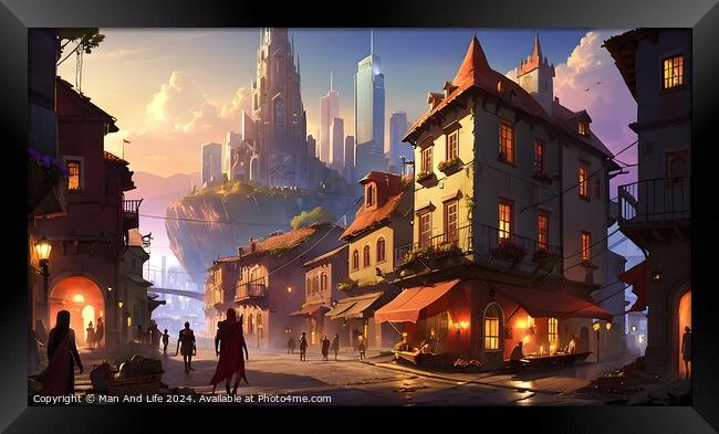 Fantasy cityscape with a bustling street, traditional houses, and futuristic skyscrapers in the background at sunset. Framed Print by Man And Life