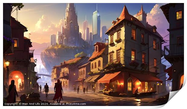 Fantasy cityscape with a bustling street, traditional houses, and futuristic skyscrapers in the background at sunset. Print by Man And Life