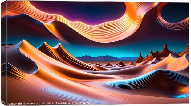 Abstract digital landscape with flowing shapes and neon colors against a starry sky. Canvas Print by Man And Life