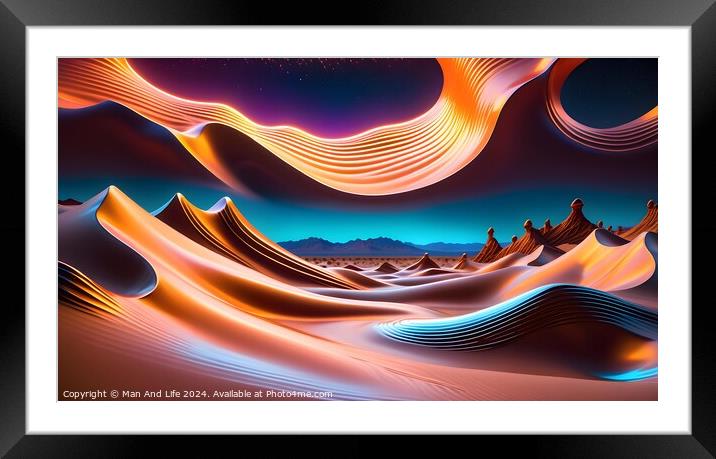 Abstract digital landscape with flowing shapes and neon colors against a starry sky. Framed Mounted Print by Man And Life