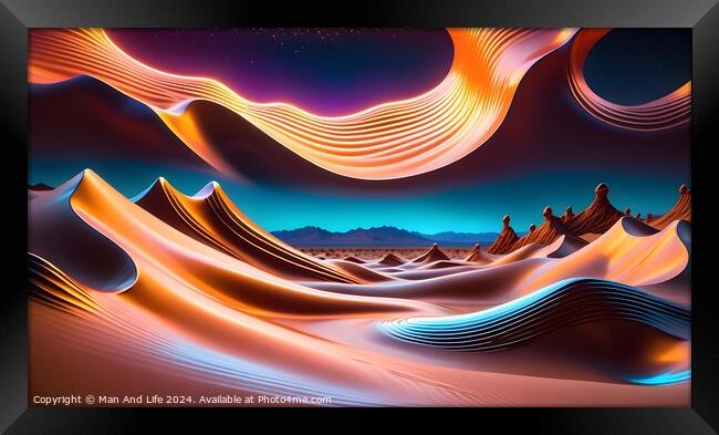 Abstract digital landscape with flowing shapes and neon colors against a starry sky. Framed Print by Man And Life