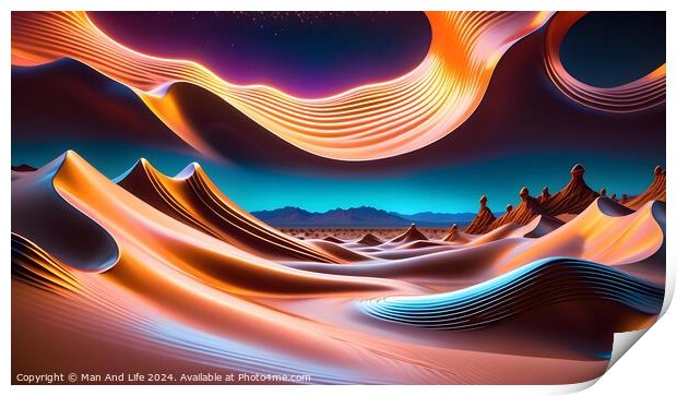 Abstract digital landscape with flowing shapes and neon colors against a starry sky. Print by Man And Life