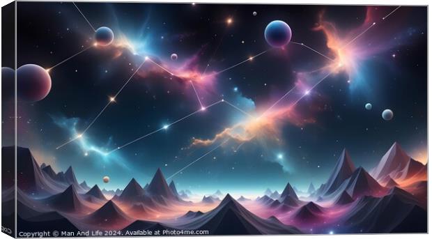 Surreal landscape with mountains under a colorful cosmic sky with stars and planets. Canvas Print by Man And Life