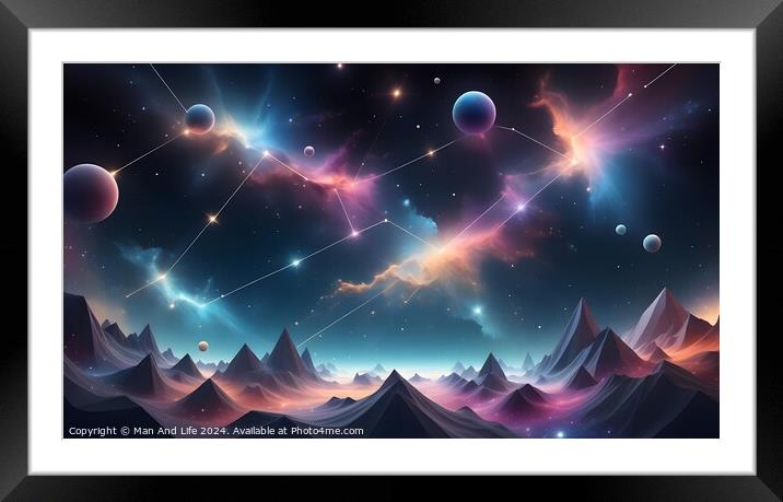 Surreal landscape with mountains under a colorful cosmic sky with stars and planets. Framed Mounted Print by Man And Life