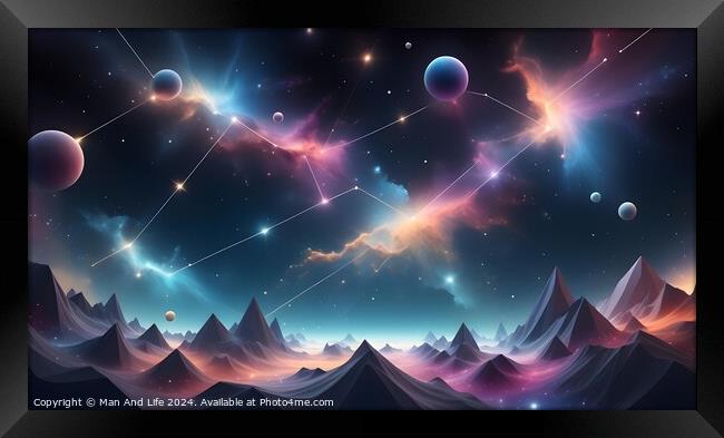 Surreal landscape with mountains under a colorful cosmic sky with stars and planets. Framed Print by Man And Life