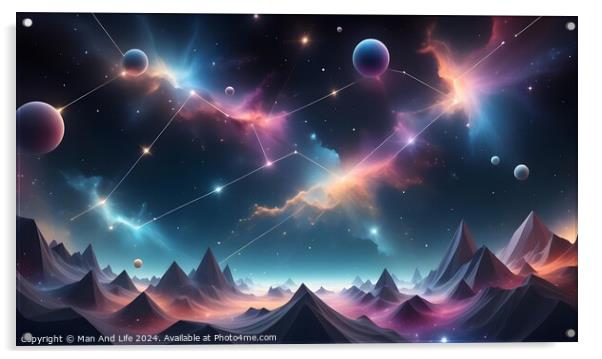 Surreal landscape with mountains under a colorful cosmic sky with stars and planets. Acrylic by Man And Life