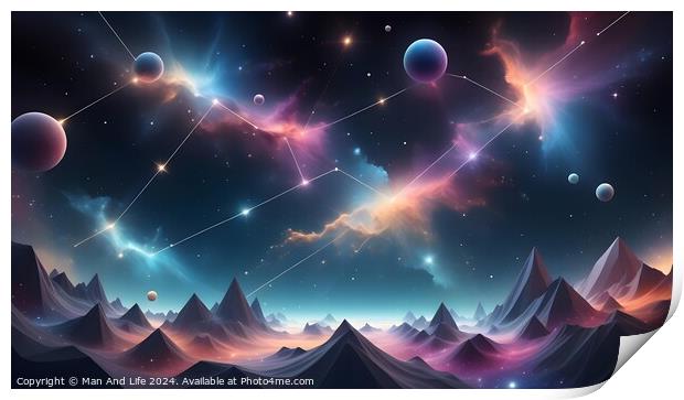 Surreal landscape with mountains under a colorful cosmic sky with stars and planets. Print by Man And Life
