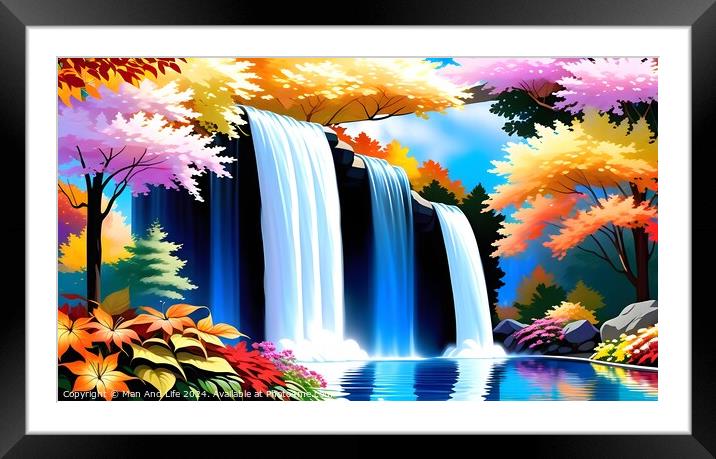 Vibrant digital artwork of a majestic waterfall with a cascade of blue water, surrounded by colorful autumn trees and foliage reflecting in a serene pond. Framed Mounted Print by Man And Life