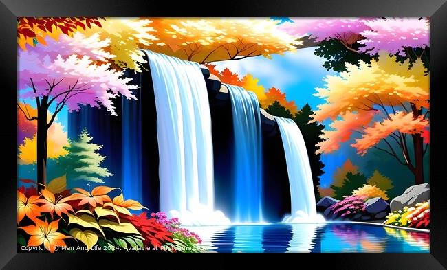 Vibrant digital artwork of a majestic waterfall with a cascade of blue water, surrounded by colorful autumn trees and foliage reflecting in a serene pond. Framed Print by Man And Life