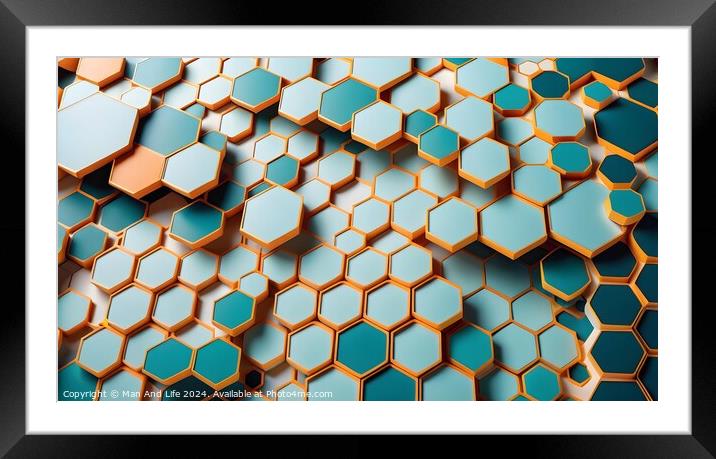 Abstract background of hexagonal shapes in shades of blue and orange, with a shallow depth of field. Framed Mounted Print by Man And Life