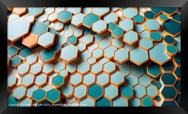 Abstract background of hexagonal shapes in shades of blue and orange, with a shallow depth of field. Framed Print by Man And Life