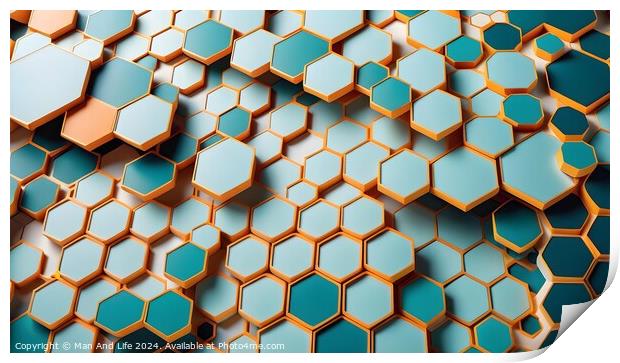 Abstract background of hexagonal shapes in shades of blue and orange, with a shallow depth of field. Print by Man And Life