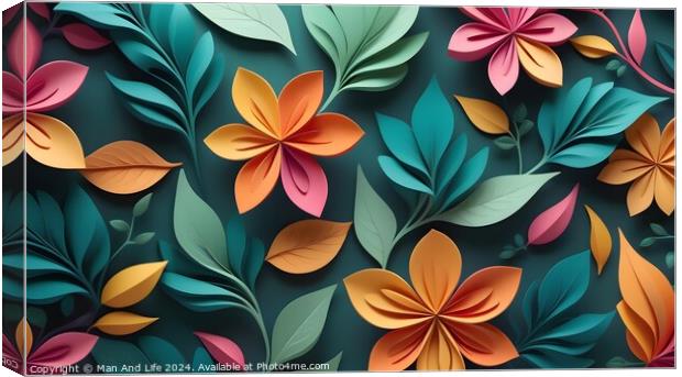 Colorful paper flowers and leaves in a 3D illustration with a depth effect, ideal for backgrounds or greeting cards. Canvas Print by Man And Life