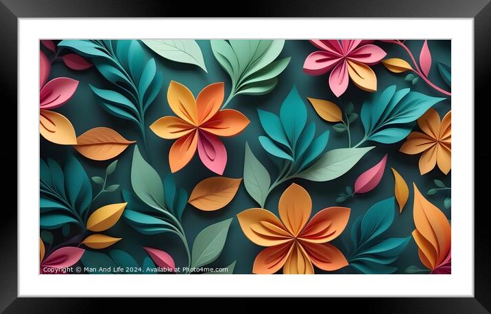 Colorful paper flowers and leaves in a 3D illustration with a depth effect, ideal for backgrounds or greeting cards. Framed Mounted Print by Man And Life
