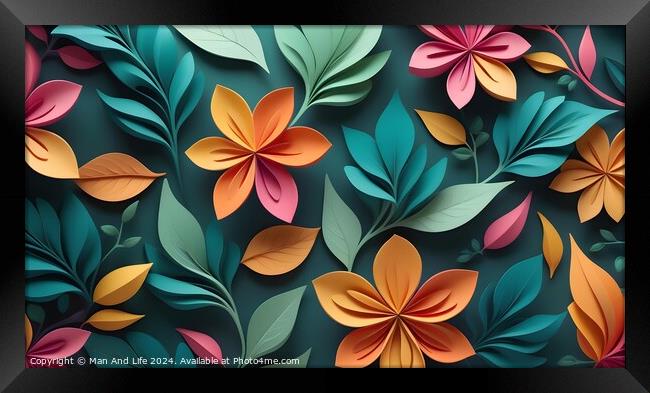 Colorful paper flowers and leaves in a 3D illustration with a depth effect, ideal for backgrounds or greeting cards. Framed Print by Man And Life