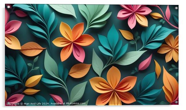 Colorful paper flowers and leaves in a 3D illustration with a depth effect, ideal for backgrounds or greeting cards. Acrylic by Man And Life