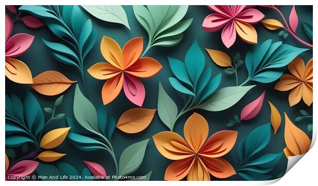 Colorful paper flowers and leaves in a 3D illustration with a depth effect, ideal for backgrounds or greeting cards. Print by Man And Life