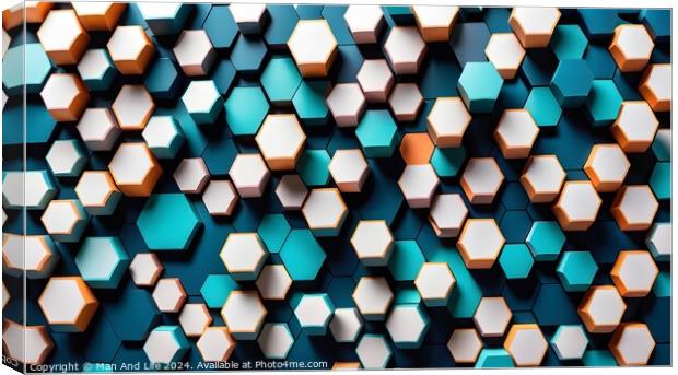 Abstract background of hexagonal shapes in shades of blue with a single orange hexagon standing out. Concept of uniqueness and individuality. Canvas Print by Man And Life