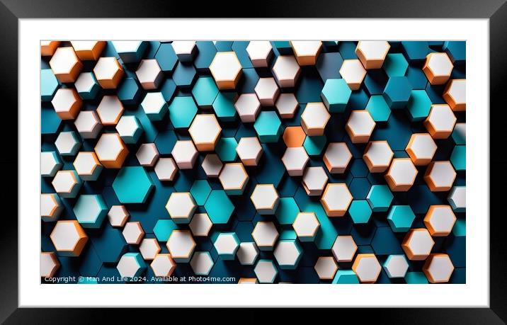 Abstract background of hexagonal shapes in shades of blue with a single orange hexagon standing out. Concept of uniqueness and individuality. Framed Mounted Print by Man And Life