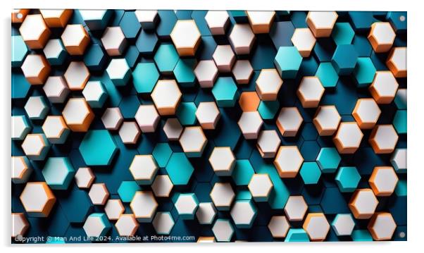 Abstract background of hexagonal shapes in shades of blue with a single orange hexagon standing out. Concept of uniqueness and individuality. Acrylic by Man And Life