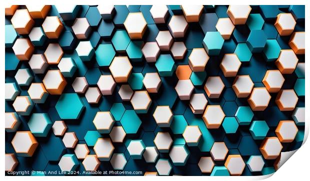 Abstract background of hexagonal shapes in shades of blue with a single orange hexagon standing out. Concept of uniqueness and individuality. Print by Man And Life