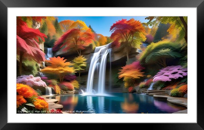 Vibrant autumn landscape with a serene waterfall cascading into a tranquil blue pond, surrounded by colorful foliage and lush greenery. Framed Mounted Print by Man And Life
