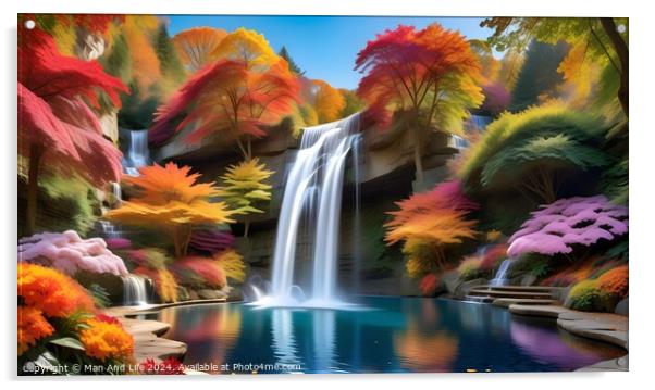 Vibrant autumn landscape with a serene waterfall cascading into a tranquil blue pond, surrounded by colorful foliage and lush greenery. Acrylic by Man And Life