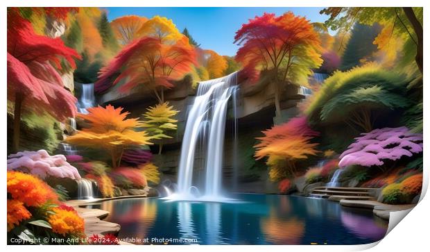 Vibrant autumn landscape with a serene waterfall cascading into a tranquil blue pond, surrounded by colorful foliage and lush greenery. Print by Man And Life