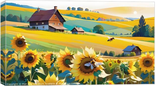 Idyllic countryside landscape with sunflowers, rolling hills, and a farmhouse, in a vibrant, stylized illustration. Canvas Print by Man And Life