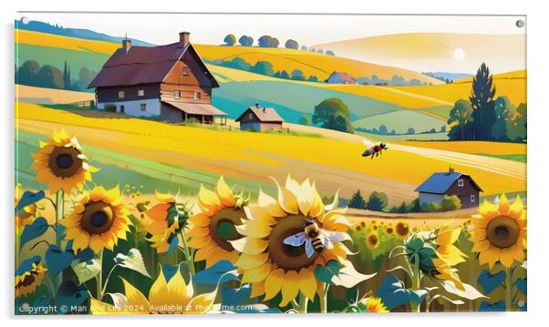 Idyllic countryside landscape with sunflowers, rolling hills, and a farmhouse, in a vibrant, stylized illustration. Acrylic by Man And Life
