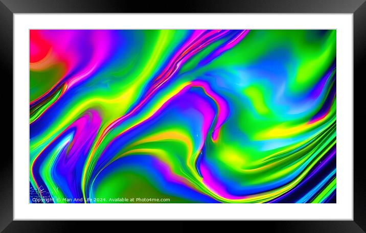 Vibrant abstract holographic background with fluid colors and neon swirls. Framed Mounted Print by Man And Life
