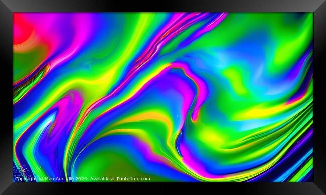 Vibrant abstract holographic background with fluid colors and neon swirls. Framed Print by Man And Life