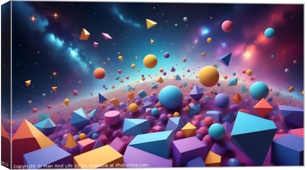 Colorful 3D geometric shapes floating in a vibrant cosmic space with stars. Canvas Print by Man And Life